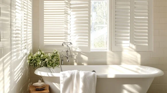 Bathroom with white freestanding tub, sunlight streaming through plantation shutters